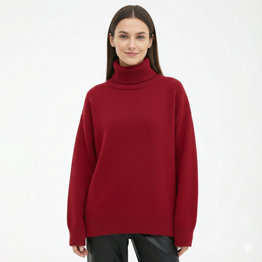 Camille Pull Femme Col Roulé Oversize – Pull Chaud en Laine Mélangée avec Finitions Côtelées