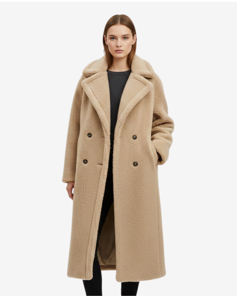 Capri Damenlanger Teddy-Mantel – Doppelreihig, Plüschstruktur & Winterstil