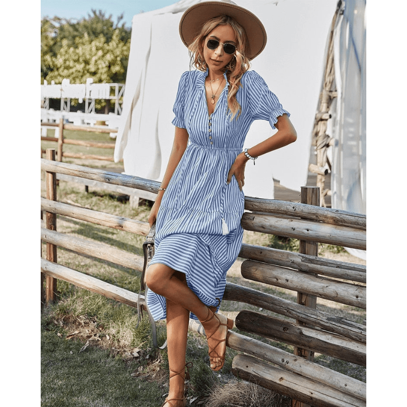Catarina Robe Midi Looksy – Taille Cintrée & Imprimé Rayé Léger Été