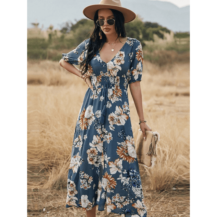Cesia Robe Longue Looksy – Col V Élégant & Imprimé Floral Léger Été