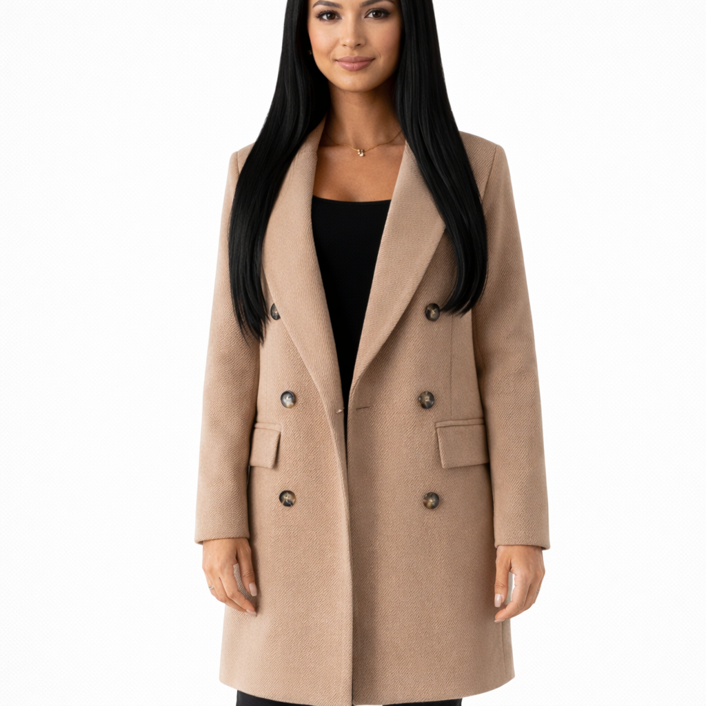 Ludy Women's Long Wool Coat – Elegant Double-Breasted Straight Cut Coat
