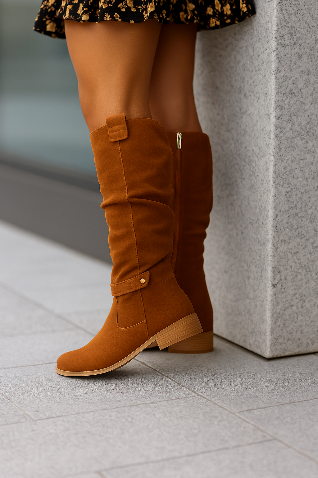 Nora Bottes Femme en Daim – Hautes au Genou avec Détail Nœud et Fermeture Éclair Pratique