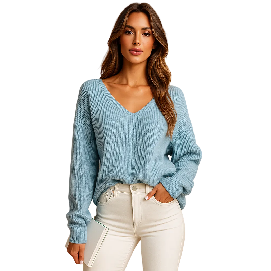 Noemi Pull Femme Col V – Maille Douce Légère, Coupe Droite & Style Minimaliste