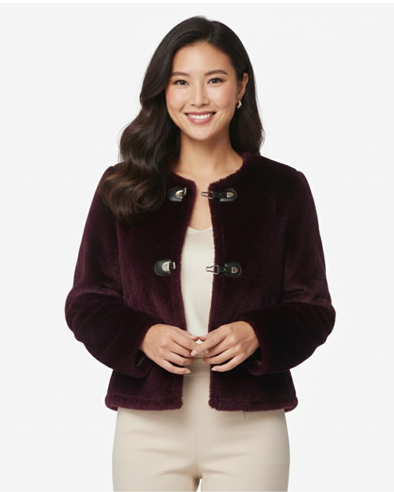 Cleo Veste Fausse Fourrure Femme – Boutons Toggle, Taille Ceinturée & Style Élégant