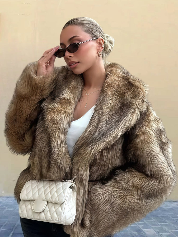Everleigh Manteau Femme – Manteau Long en Fausse Fourrure avec Col Revers & Coupe Décontractée