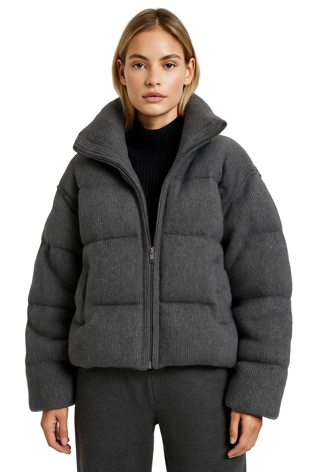 Belinda Geacă scurtă pentru femei – matlasată cu dungi, guler înalt și închidere cu fermoar