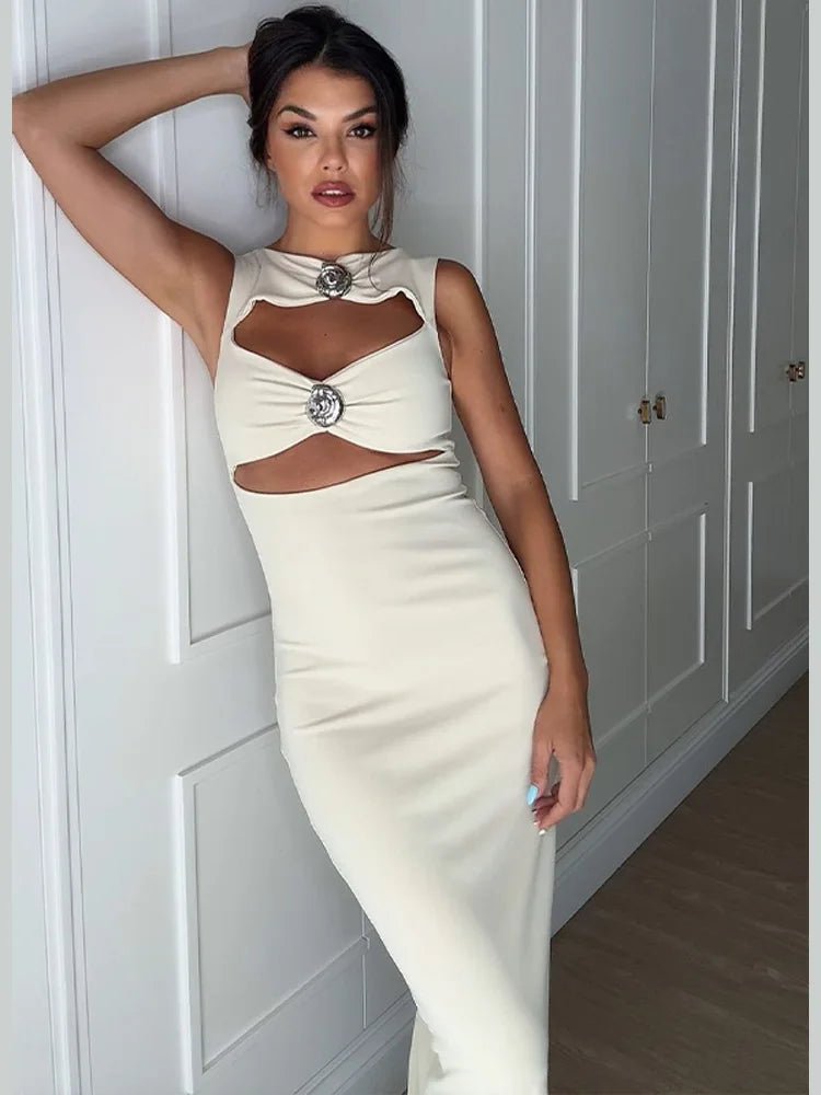 Louise Robe Midi Femme – Coupe Ajustée, Découpes Modernes & Cristaux Scintillants