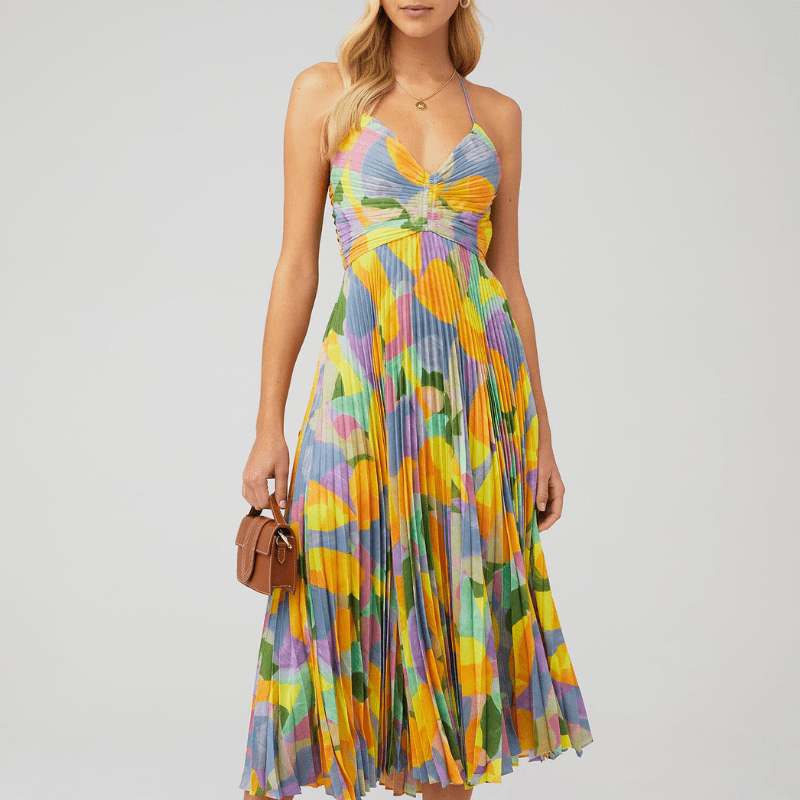 Édith Robe Maxi Plissée Femme – Imprimé Coloré, Bretelles Ajustables & Coupe Fluide