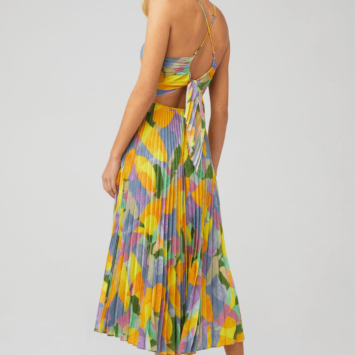 Édith Robe Maxi Plissée Femme – Imprimé Coloré, Bretelles Ajustables & Coupe Fluide