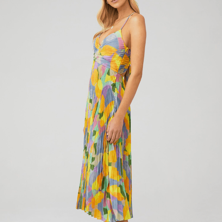 Édith Robe Maxi Plissée Femme – Imprimé Coloré, Bretelles Ajustables & Coupe Fluide