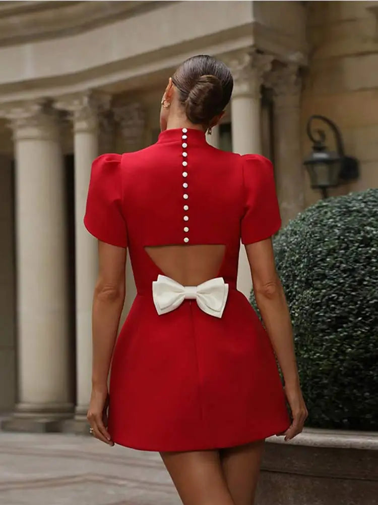 Lissane Robe Mini Rouge Femme – Robe d'Été Chic avec Détail Nœud et Découpes Élégantes