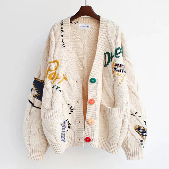 Ella Gilet Patchwork Femme – Cardigan Tricoté Tendance avec Détails Colorés & Confort