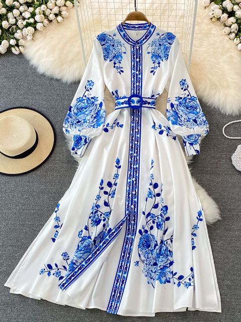 Abito lungo da donna Alina - abito con stampa floreale vintage con eleganti maniche lanterna