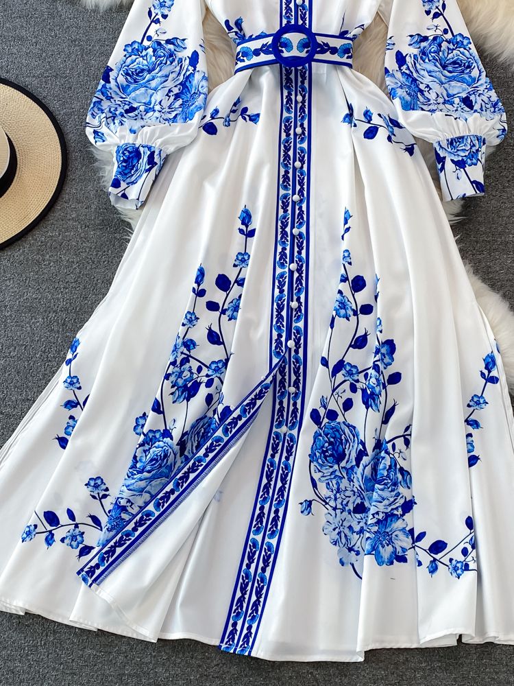 Abito lungo da donna Alina - abito con stampa floreale vintage con eleganti maniche lanterna