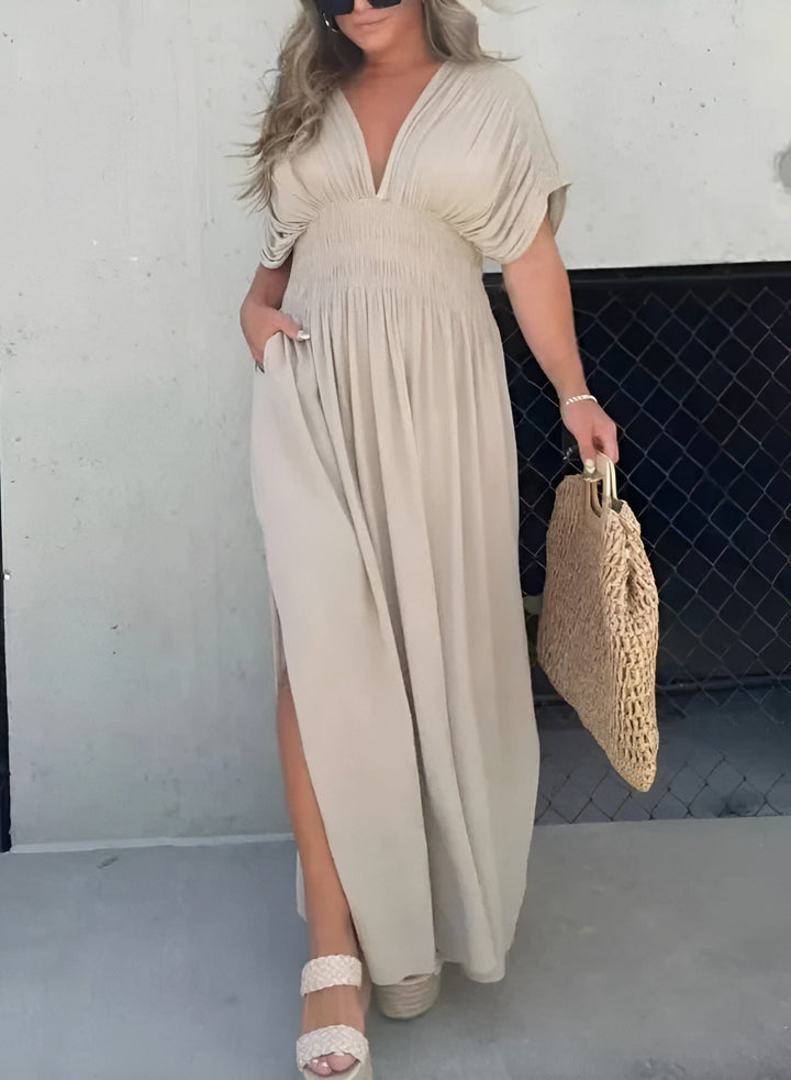 Trina Robe Longue Col V – Élégante Robe Maxi Léger pour Été & Vacances Femme
