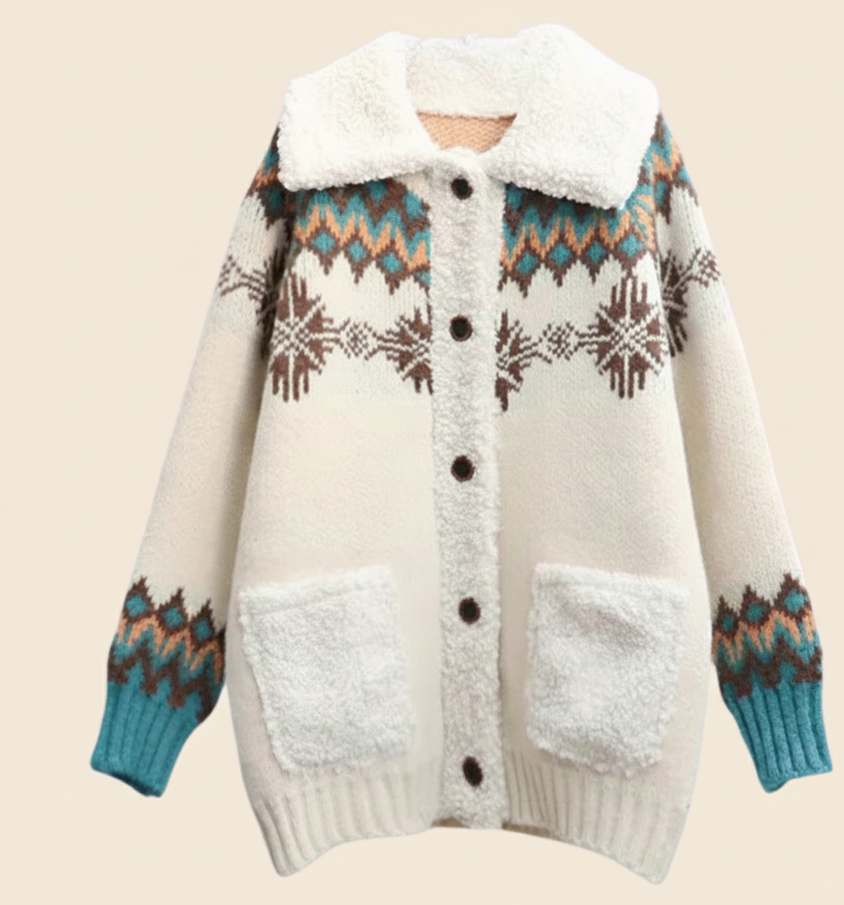 Ingrid Women's Winter Vest – Cozy Cardigan with Norwegian Pattern, Fleece Collar, and Buttons