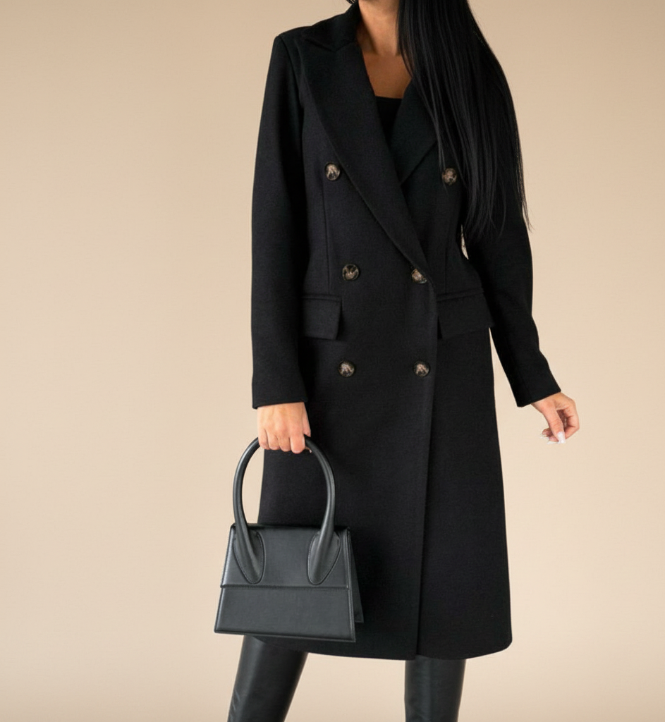 Ludy Abrigo Largo de Lana para Mujer – Abrigo Elegante de Doble Botonadura Corte Recto