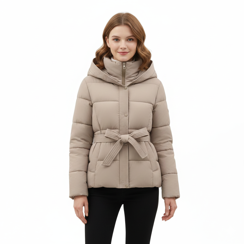 Leyna Dunjakke til kvinder – Frakke med bælte, varm hætte og elegant snit