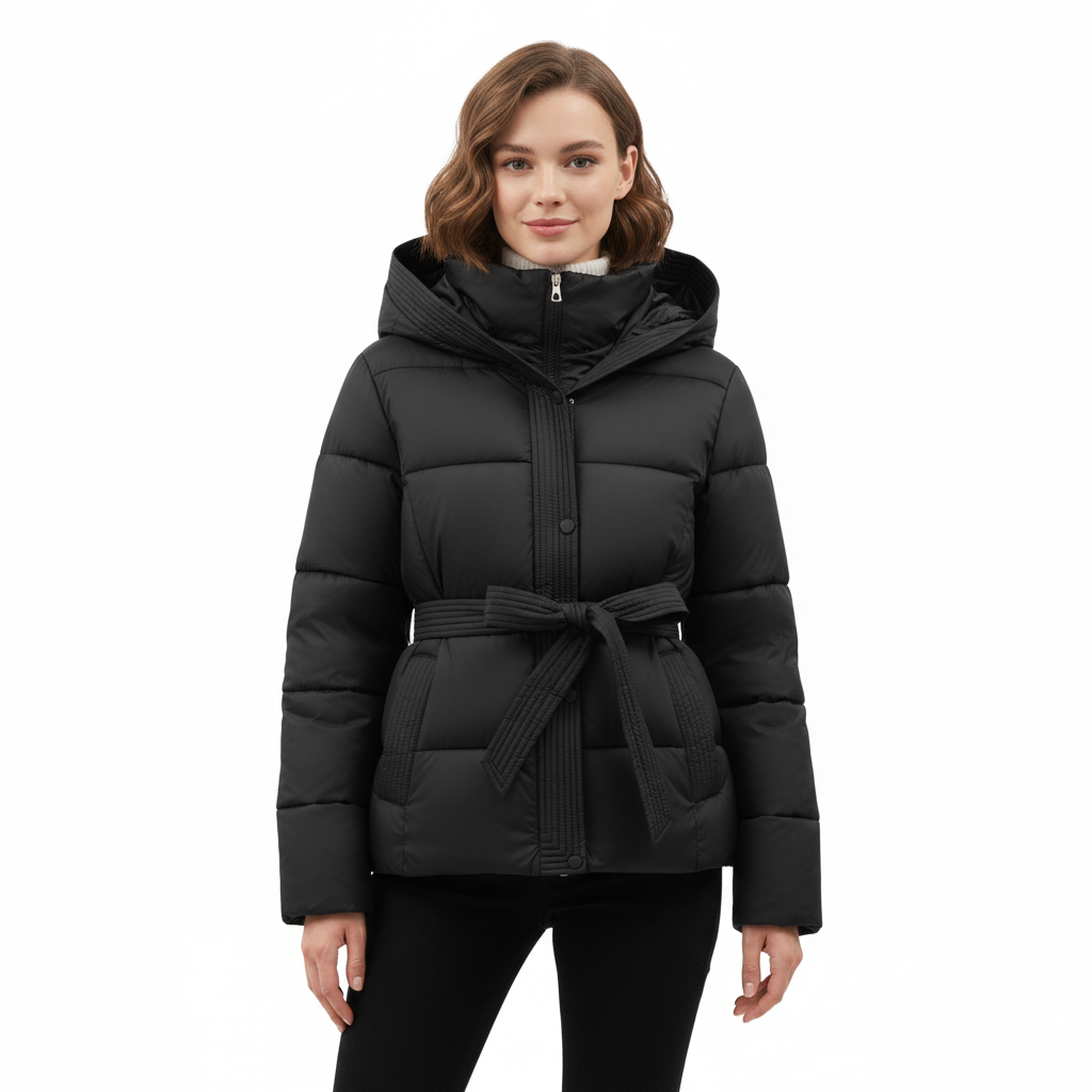 Leyna Doudoune Femme – Manteau Ceinturé avec Capuche Chaude & Coupe Élégante