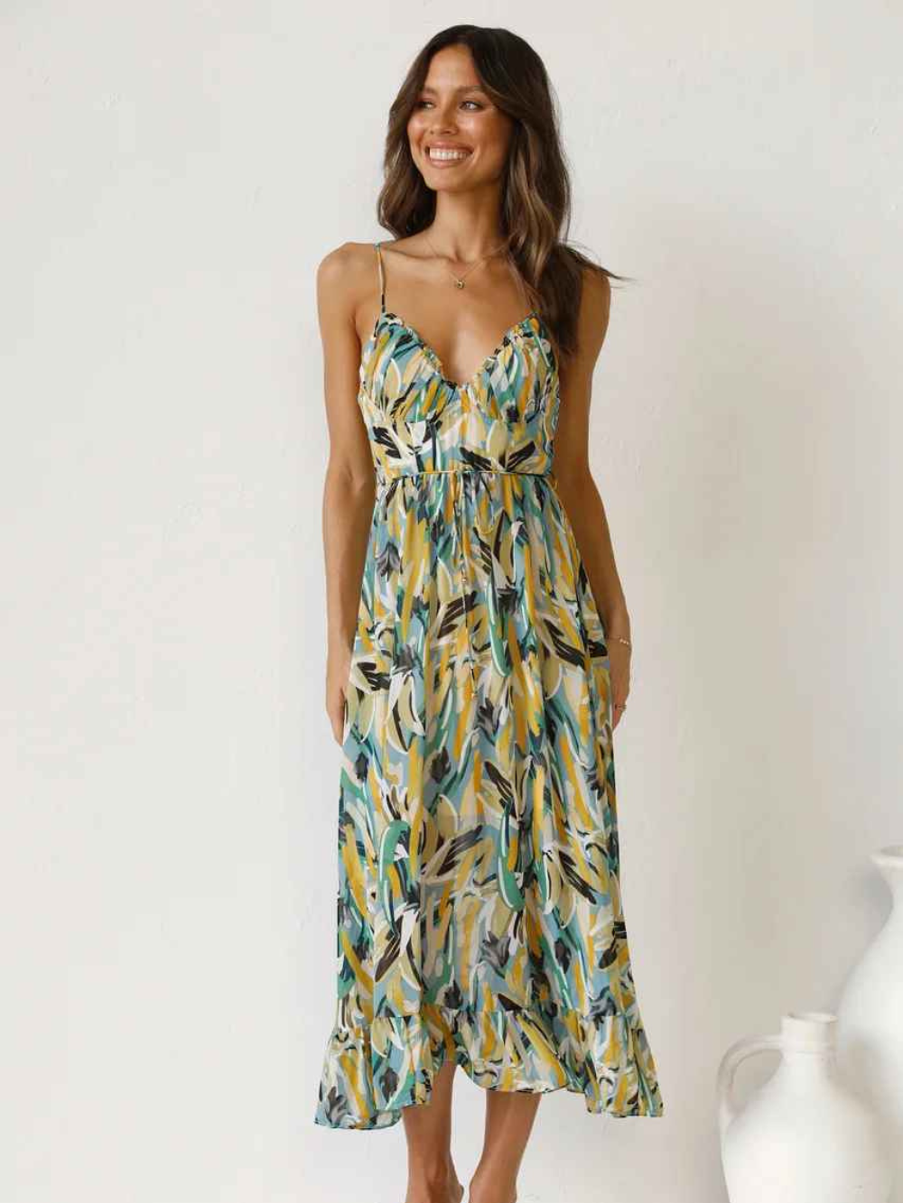 Chloe Robe Longue Femme – Robe d’Été Légère avec Imprimé Tropical et Bretelles Spaghetti Flatteuses