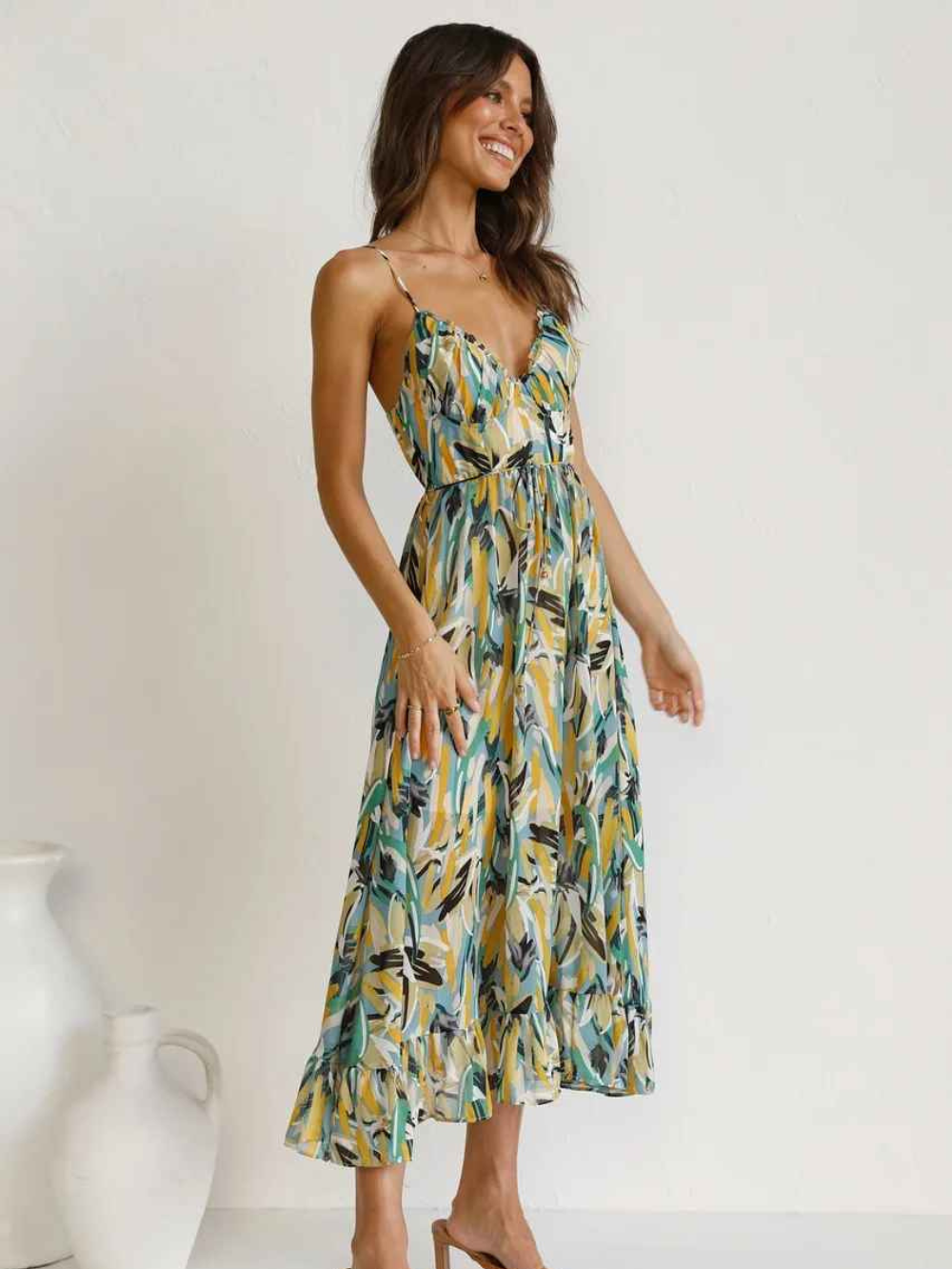 Chloe Robe Longue Femme – Robe d’Été Légère avec Imprimé Tropical et Bretelles Spaghetti Flatteuses