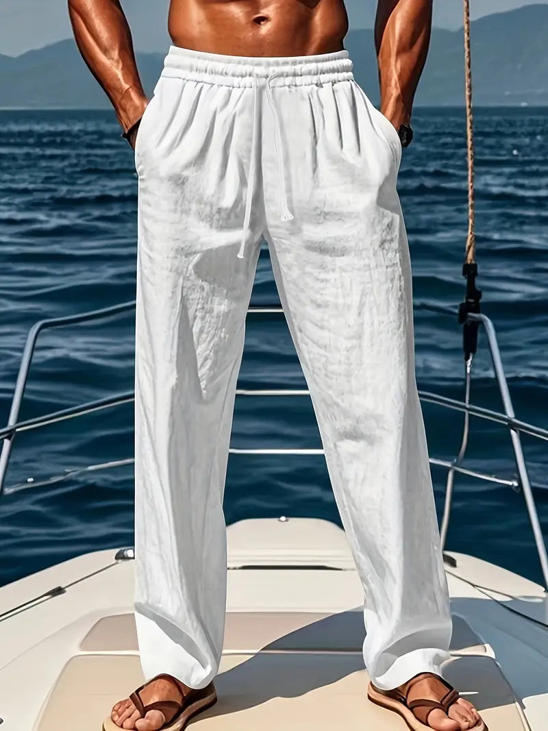 Pantalones de Ethan Men - pantalones de lino grandes transpirables con una copa de estilo amplia y elegante verano