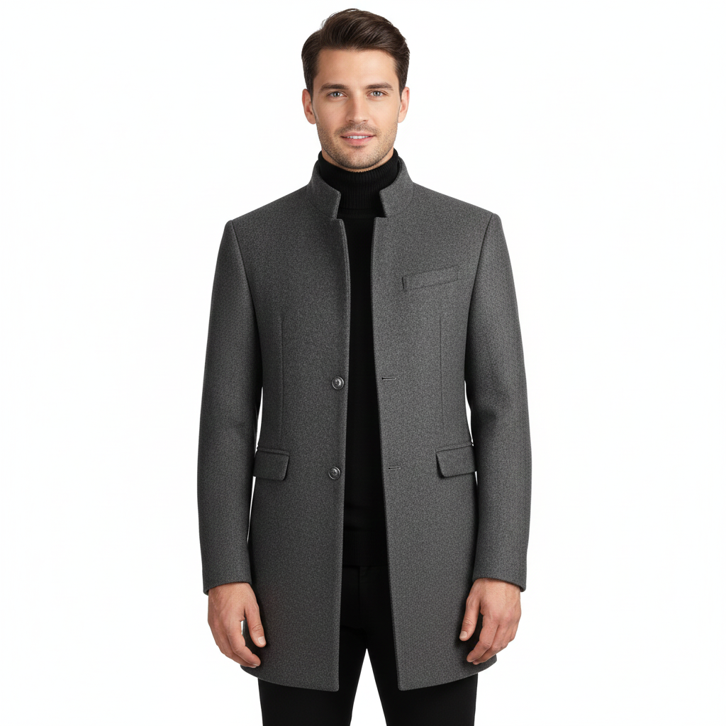 Hector Manteau Homme Mi-Long en Laine – Col Mandarin, Coupe Regular & Style Élégant