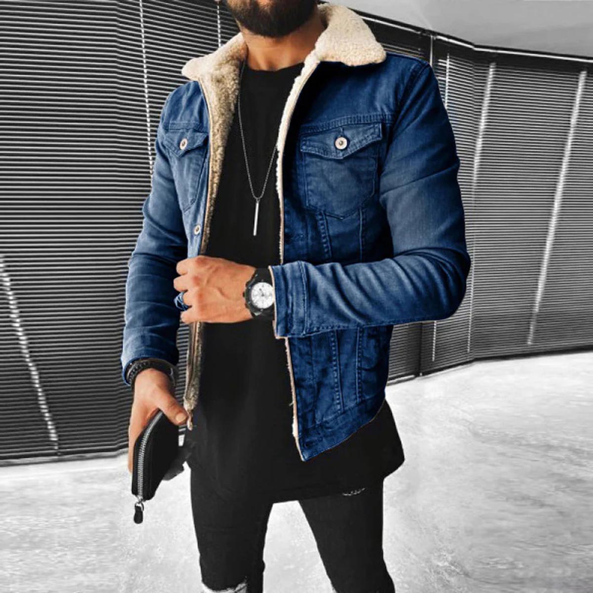 Eulo Herren Jeansjacke – Denim-Mantel mit Fleece-Futter und klassischem Reverskragen