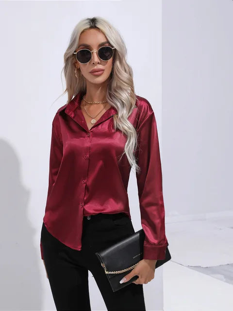 Valérie Blouse Satin Femme – Chemisier Élégant à Manches Longues, Coupe Ample et Brillante
