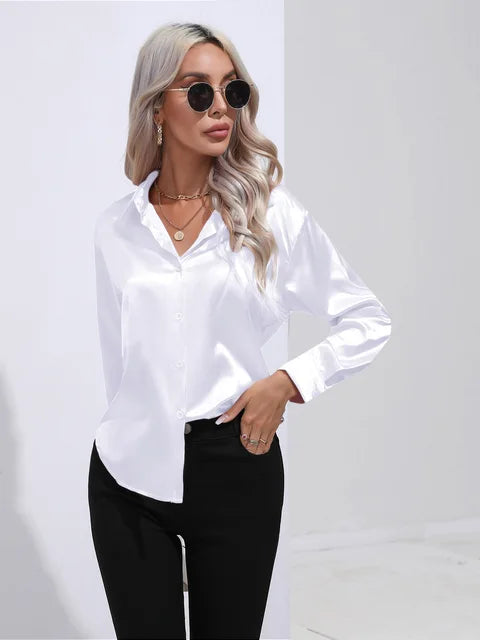 Valérie Blouse Satin Femme – Chemisier Élégant à Manches Longues, Coupe Ample et Brillante