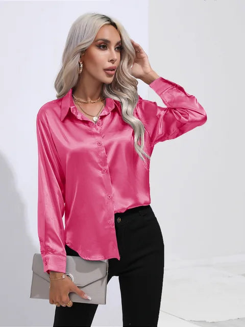 Valérie Blouse Satin Femme – Chemisier Élégant à Manches Longues, Coupe Ample et Brillante
