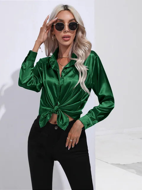 Valérie Blouse Satin Femme – Chemisier Élégant à Manches Longues, Coupe Ample et Brillante