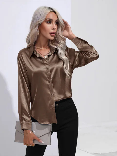 Valérie Blouse Satin Femme – Chemisier Élégant à Manches Longues, Coupe Ample et Brillante
