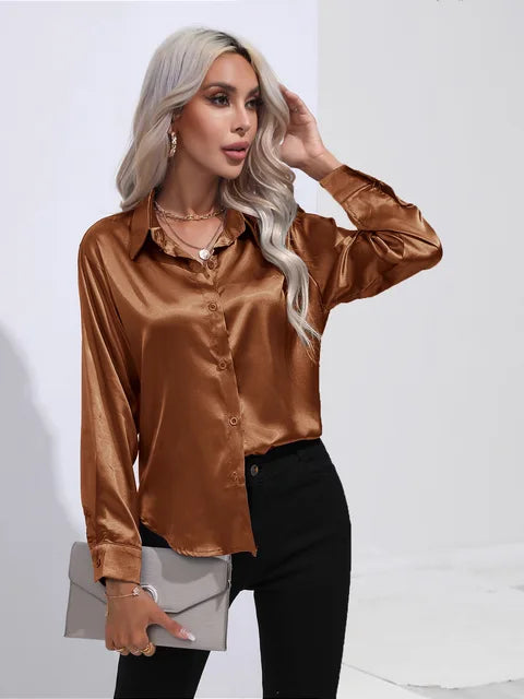 Valérie Blouse Satin Femme – Chemisier Élégant à Manches Longues, Coupe Ample et Brillante