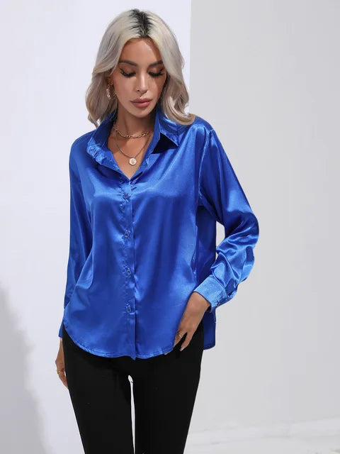 Valérie Blouse Satin Femme – Chemisier Élégant à Manches Longues, Coupe Ample et Brillante
