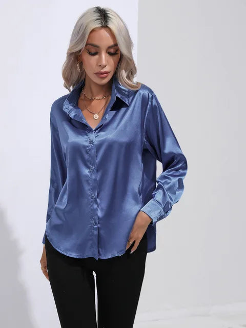 Valérie Blouse Satin Femme – Chemisier Élégant à Manches Longues, Coupe Ample et Brillante