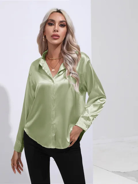 Valérie Blouse Satin Femme – Chemisier Élégant à Manches Longues, Coupe Ample et Brillante