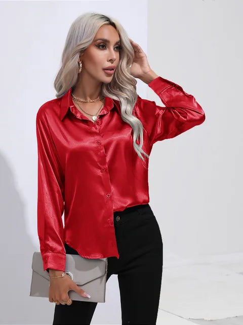 Valérie Blouse Satin Femme – Chemisier Élégant à Manches Longues, Coupe Ample et Brillante