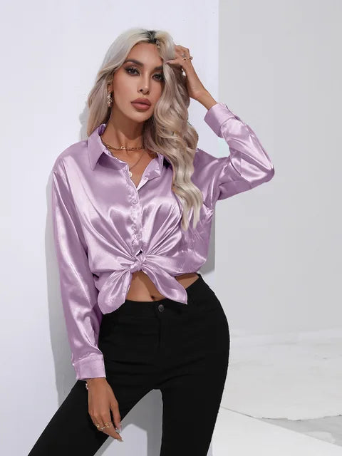 Valérie Blouse Satin Femme – Chemisier Élégant à Manches Longues, Coupe Ample et Brillante