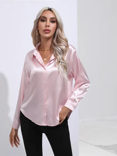 Valérie Blouse Satin Femme – Chemisier Élégant à Manches Longues, Coupe Ample et Brillante