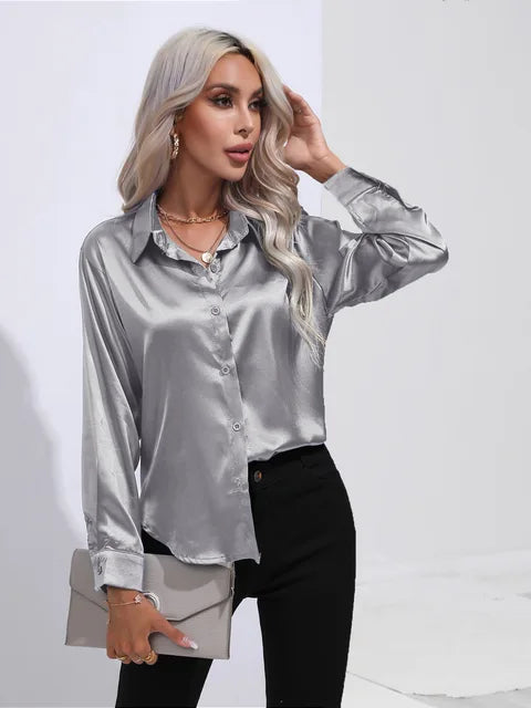 Valérie Blouse Satin Femme – Chemisier Élégant à Manches Longues, Coupe Ample et Brillante