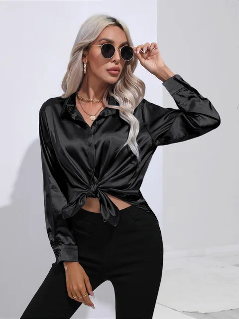 Valérie Blouse Satin Femme – Chemisier Élégant à Manches Longues, Coupe Ample et Brillante
