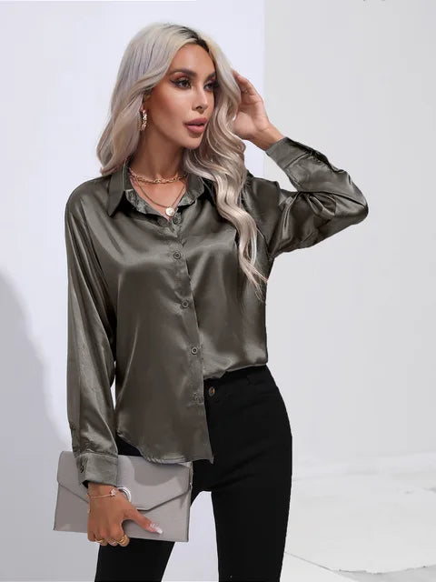 Valérie Blouse Satin Femme – Chemisier Élégant à Manches Longues, Coupe Ample et Brillante