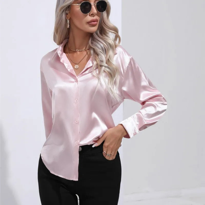 Valérie Blouse Satin Femme – Chemisier Élégant à Manches Longues, Coupe Ample et Brillante