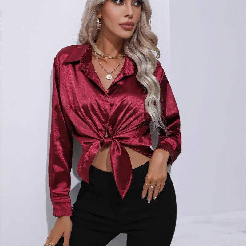 Valérie Blouse Satin Femme – Chemisier Élégant à Manches Longues, Coupe Ample et Brillante