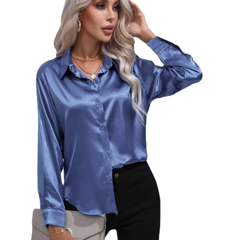 Valérie Blouse Satin Femme – Chemisier Élégant à Manches Longues, Coupe Ample et Brillante