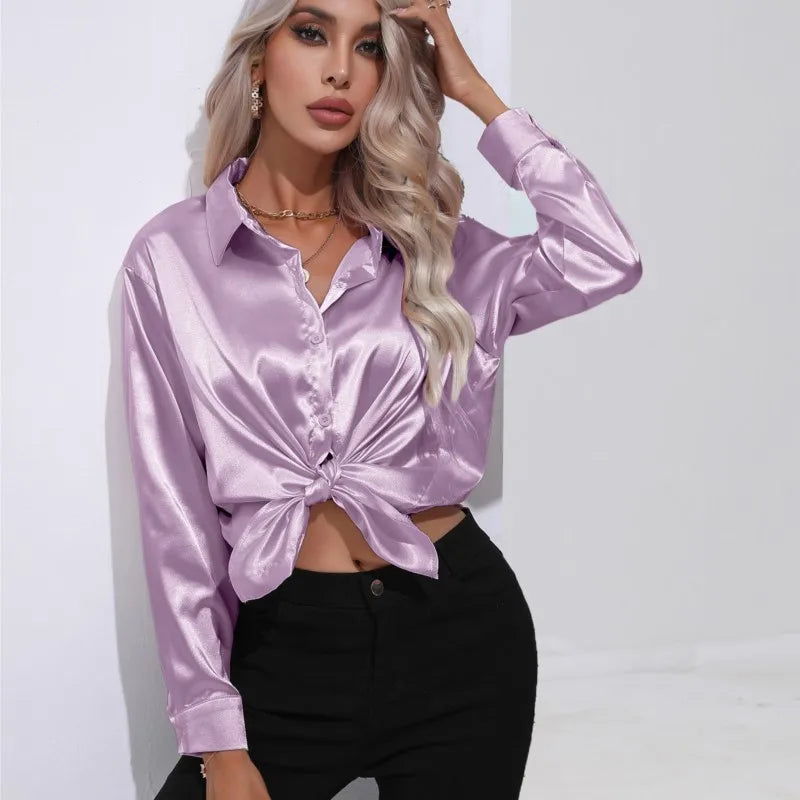 Valérie Blouse Satin Femme – Chemisier Élégant à Manches Longues, Coupe Ample et Brillante