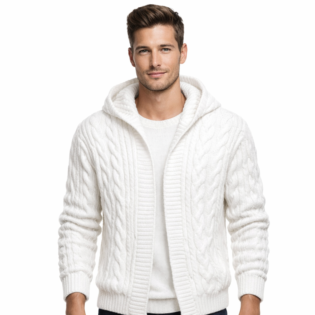 Hugo Herren Cardigan Hoodie – Offene Strickweste aus Wollmischung mit Zopfmuster, Relaxed Fit