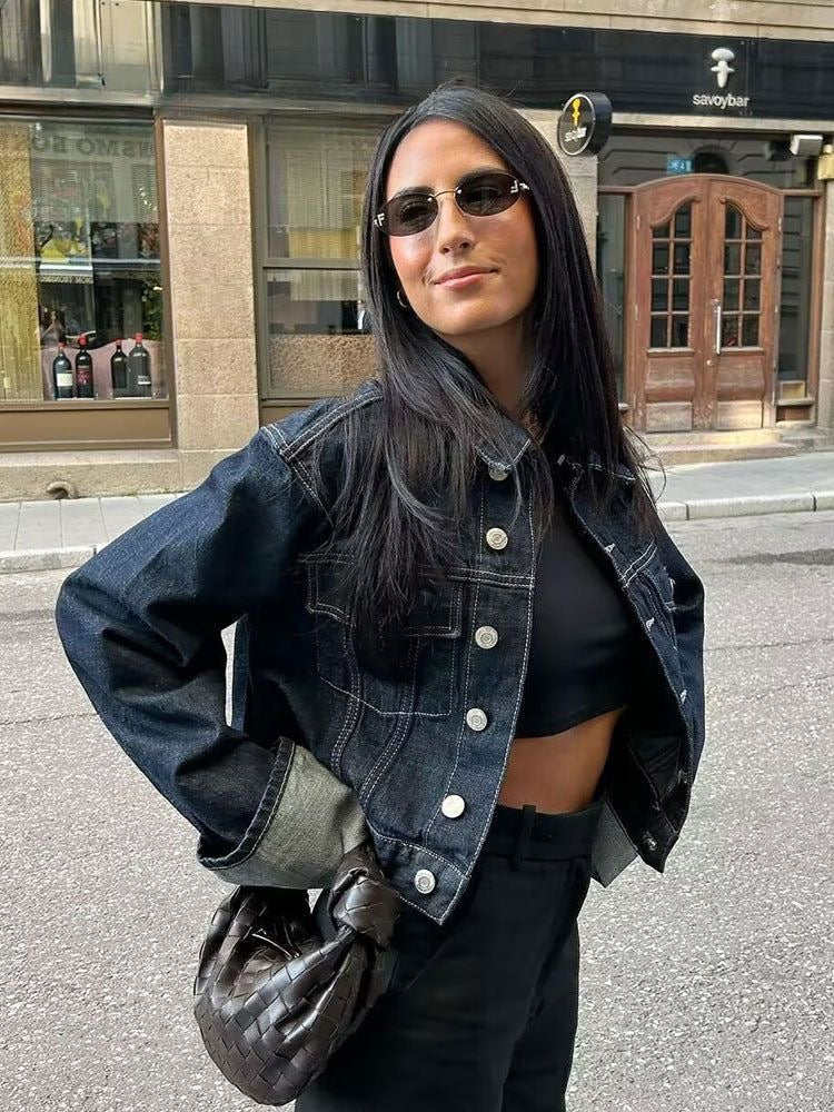 Bea Ensemble Denim Femme – Veste Courte & Jean Large à Revers Contrastés pour un Look Tendance
