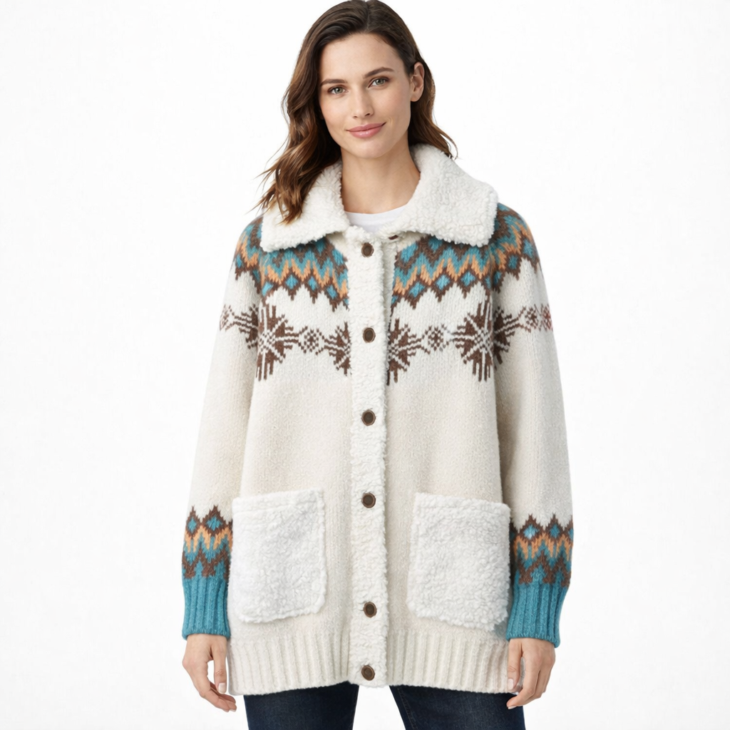 Ingrid Women's Winter Vest – Cozy Cardigan with Norwegian Pattern, Fleece Collar, and Buttons